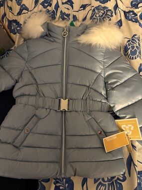 Michael Kors Light Blue Girls' Quilted Puffer Coat with Faux Fur Trim